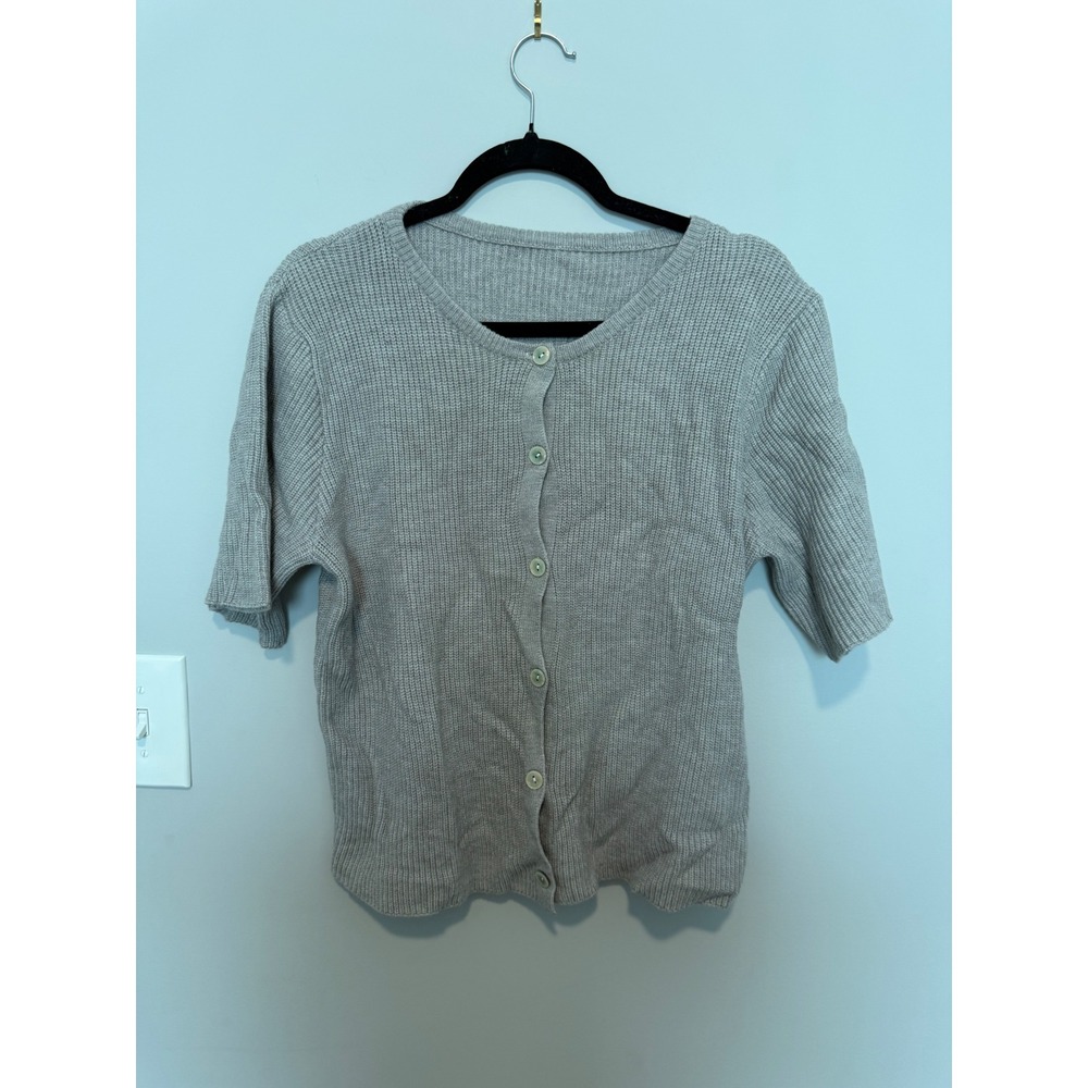Womens Short Sleeve Ribbed Knit Button Front Cardigan Sweater Gray Size S